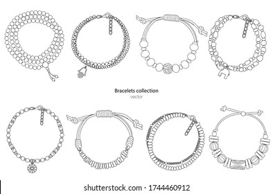 Collection of hand-made bracelets in ethnic style. Vector illustration isolated on a white background.