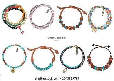 Collection of handmade bracelets in ethnic style. Color vector illustration isolated on a white background.