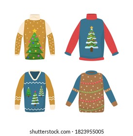Collection handmade Christmas sweater. Cute seamless pattern with ugly Christmas sweaters. Fun New Year wear. Can be used for party invitation, greeting card, web design. Vector illustration, eps 10.