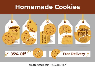 Collection handmade cookies tag rope promo advertising vector illustration. Set crumble tasty delicious flour baking dessert sale discount labels decorative banners diet culinary crunchy product