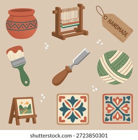 Sammlung von handgefertigten Handwerksgegenständen und -werkzeugen, darunter Keramik, Webstuhl, Meißel, Pinsel, Garn, Staffelei mit Malerei und dekorative Fliesen.