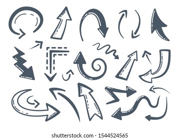 Collection of Handmade Doodle Vector Arrows. Different hand drawn arrow icons. Cursor, curve, up and down design set in cartoon style.