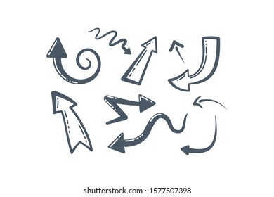 Collection of Handmade Doodle Vector Arrows. Different hand drawn arrow icons. Cursor, curve, up and down design set in cartoon style.