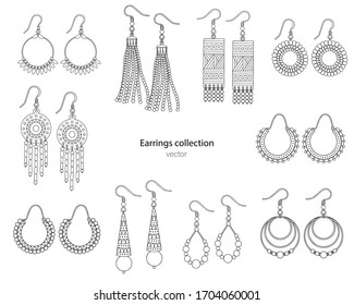 Collection of handmade earrings in ethnic style. Vector illustration isolated on a white background.