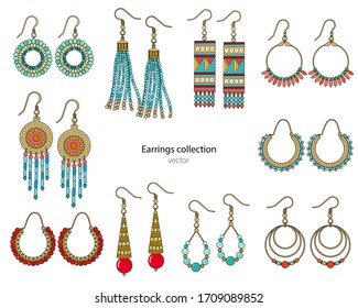 Collection of handmade earrings in ethnic style. Color vector illustration isolated on a white background.