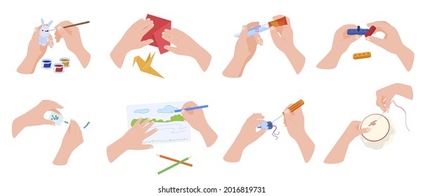 Collection handmade hobbies vector flat illustration. Set of human hands doing crafts activity painting plaster figures, origami, ship simulation, beading, needle embroidery, fix electrical appliance