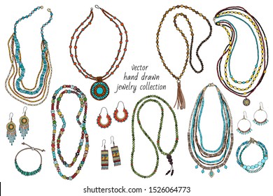 Collection of handmade jewelry: necklace, earrings, bracelets, beads. Hand-drawn. Vector