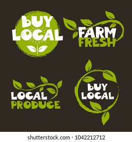 Collection Of Handmade Logotypes With Green Leaves. Buy Local, Farm Fresh, Local Produce.  Rough Textured Design. Vector Illustration.  Good For Print, Posters, Commercial, Flayers, Banners.