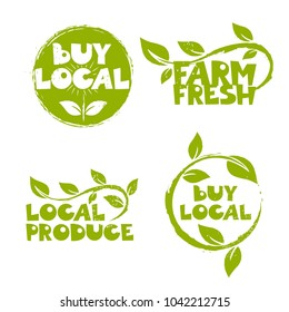 Collection of handmade logotypes with green leaves. Buy local, farm fresh, local produce.  Rough textured design. Vector illustration.  Good for print, posters, commercial, flayers, banners.