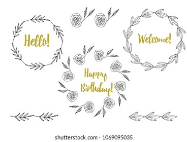 A collection of handmade sketches with plants. Monochrome image of wild flowers and herbs. Black and white elements for coloring. Vector illustration.