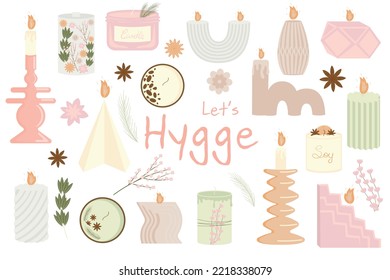 collection of handmade soy and coconut wax scented candles in candlesticks and jars of various shapes for home aromatherapy and cozy hygge template interior decor
