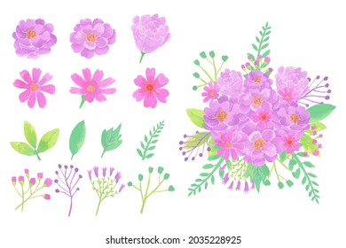 Collection of handmade watercolor flower art bouquet hand drawn