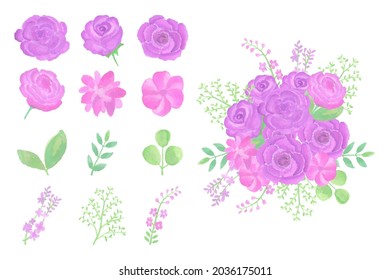 Collection of handmade watercolor flower art bouquet hand drawn