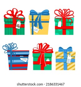 A collection of hand-painted gift boxes in a flat style. Set of different gifts with different patterns. Bright colors. Holiday. Christmas. Vector simple illustration.