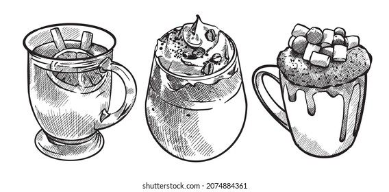 A collection of hand-painted mugs with coffee and tea in the style of handmade in black and white