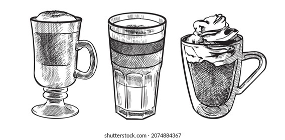 Eine Sammlung von handgemalten Beuteln mit Kaffee und Tee in schwarz-weißem Stil
