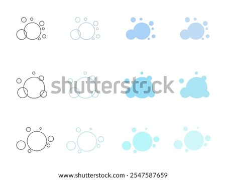 A collection of hand-painted soap bubbles in blue shades, isolated on a white background, doodle, vector. Decorative aerial flying element for label, decoration, design. Contour drawing of foam.