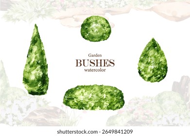 A collection of hand-painted watercolor garden elements in vector format, including flower bushes, landscaped shrubs, ornamental trees, and decorative stones.
