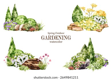 A collection of hand-painted watercolor garden elements in vector format, including flower bushes, landscaped shrubs, ornamental trees, and decorative stones.