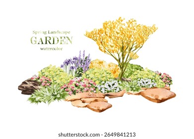 A collection of hand-painted watercolor garden elements in vector format, including flower bushes, landscaped shrubs, ornamental trees, and decorative stones.