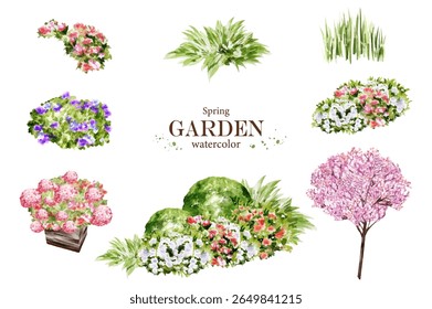 A collection of hand-painted watercolor garden elements in vector format, including flower bushes, landscaped shrubs, ornamental trees, and decorative stones.