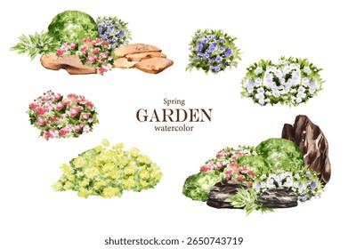 A collection of hand-painted watercolor garden elements in vector format, including flower bushes, landscaped shrubs, ornamental trees, and decorative stones.