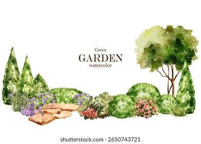 A collection of hand-painted watercolor garden elements in vector format, including flower bushes, landscaped shrubs, ornamental trees, and decorative stones.