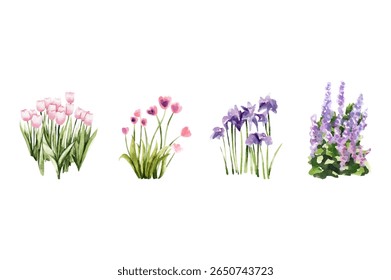 A collection of hand-painted watercolor garden elements in vector format, including flower bushes, landscaped shrubs, ornamental trees, and decorative stones.