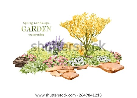 A collection of hand-painted watercolor garden elements in vector format, including flower bushes, landscaped shrubs, ornamental trees, and decorative stones.