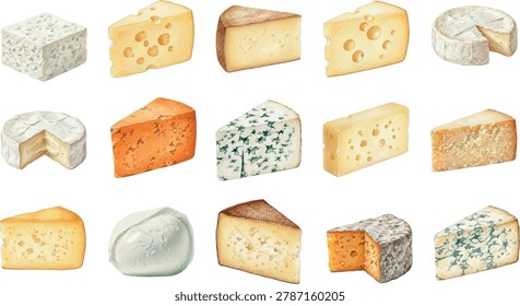 A collection of hand-painted watercolor illustrations featuring different cheese varieties including brie, cheddar, mozzarella, and blue cheese for food menu design.