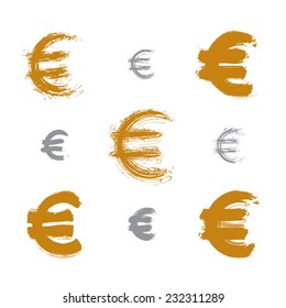 Collection of hand-painted yellow Euro icons isolated on white background, set of European currency symbols created with real ink hand-drawn brush scanned and vectorized.