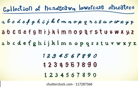 Collection of handrawn lowercase characters with both the alphabet and numerals in three different font styles on a white background