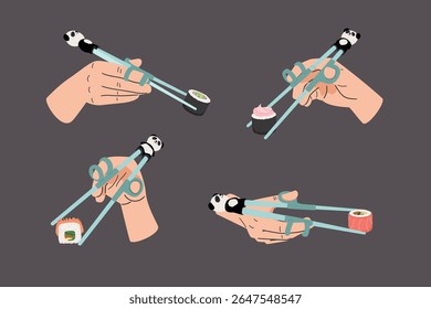 Coleção de mãos com chopsticks infantis asiáticos ilustração vetorial arte original