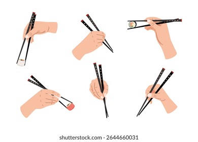 Coleção de mãos com paus asiáticos chopsticks ilustração vetorial arte original