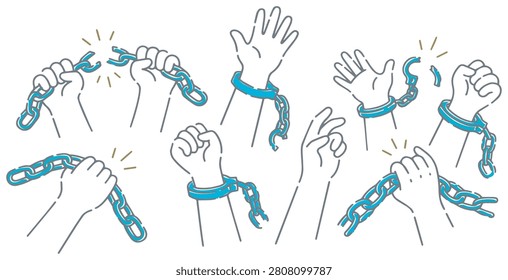 Collection of hands breaking chains and shackles, symbolizing freedom, liberation, and overcoming obstacles. The simple line art style emphasizes the concept.