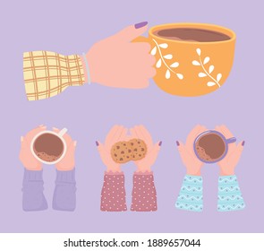 manos de colección con tazas de café, ilustración de vector de bebidas calientes frescas