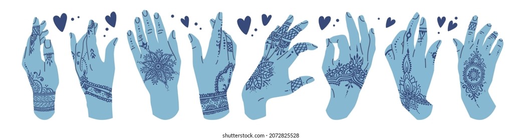 Collection of hands decorated with Indian patterns in the Mehendi style. Set with Elegant woman Hand gestures. Flat style in vector illustration. Isolated on white background element. Fingers, palms. 