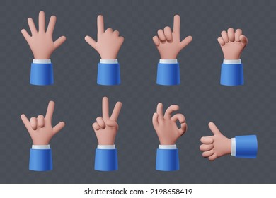 Collection of hands in different gestures. Finger gestures icon set in 3d style. Element for your design. Vector illustration.