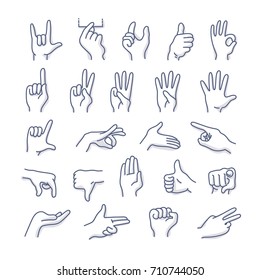 Collection of hands in different gestures. Vector line icons