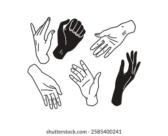 Collection of Hands in Different Position with White Background. Collection of Hands in Various Positions on White Background, Hand Gesture Set, Human Hand Poses Illustration