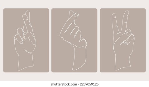 Collection of hands in different positions,gestures for poster,logo,emblem template in trendy Minimal art style,Monoline drawing vector illustration.Cards with different hands gestures set