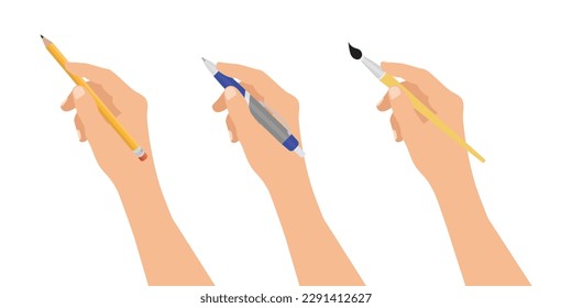 Collection of hands drawing with pen, pencil and brush isolated on white background. Vector illustration