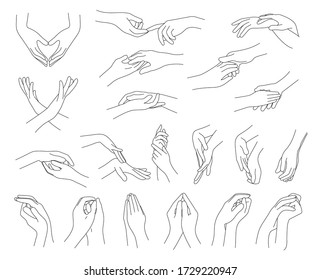 Collection of hands and fingers vector illustration. Line of hand gestures. Logo and graphic design arms on white background.