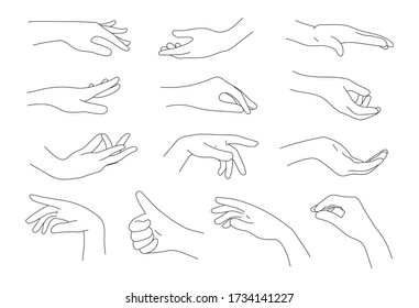 Collection of hands and fingers vector illustration. Line of hand gestures. Logo and graphic design arms on white background.