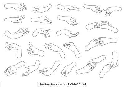 Collection of hands and fingers vector illustration. Line hand gestures. Logo and graphic design arms on white background.