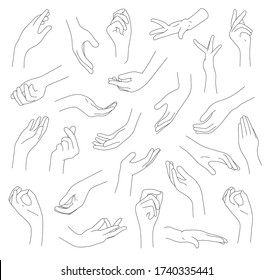 Collection of hands and fingers vector illustration. Line of hand gestures. Logo and graphic design arms on white background.