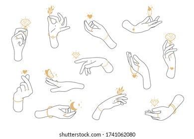 Collection of hands and fingers vector illustration. Line of hand gestures. Logo and graphic design arms on white background.