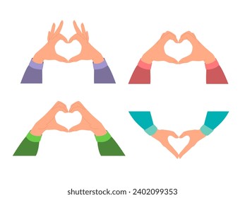 Collection of hands gesture in the shape of a heart. Modern flat vector illustration isolated on white background