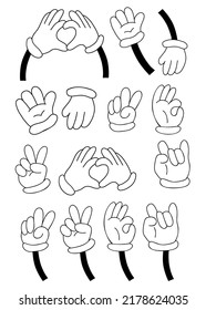 Collection of hands in gloves, different gestures - heart, ok, hello, two fingers. Vector illustration. Linear hand drawn doodle. Comic outline element for design and decor, print.