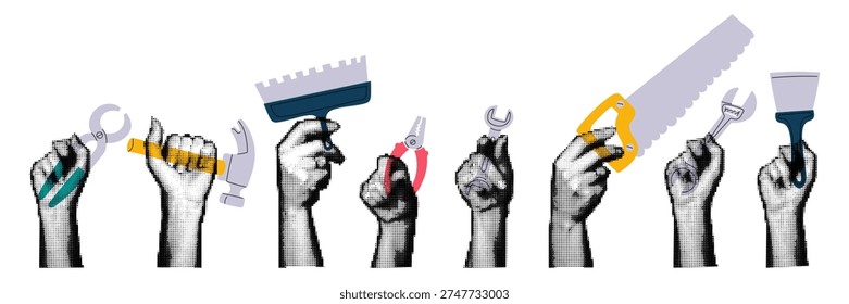 Collection of hands halftone holding different construction tools isolated on white background. Flat illustration for repair service posters, diy workshop banners, building labor graphics or hardware
